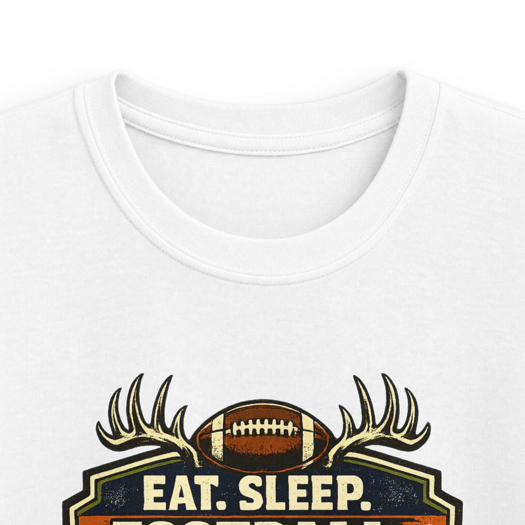 Kids Football & Outdoors Tee — "Eat. Sleep. Football. Hunt. Fish. Repeat."