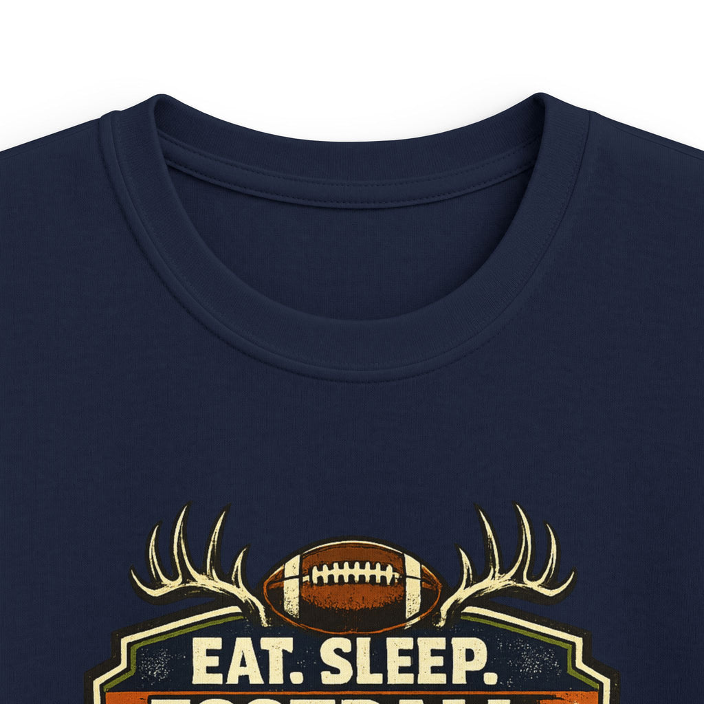 Kids Football & Outdoors Tee — "Eat. Sleep. Football. Hunt. Fish. Repeat."