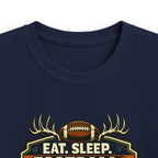 Kids Football & Outdoors Tee — "Eat. Sleep. Football. Hunt. Fish. Repeat."