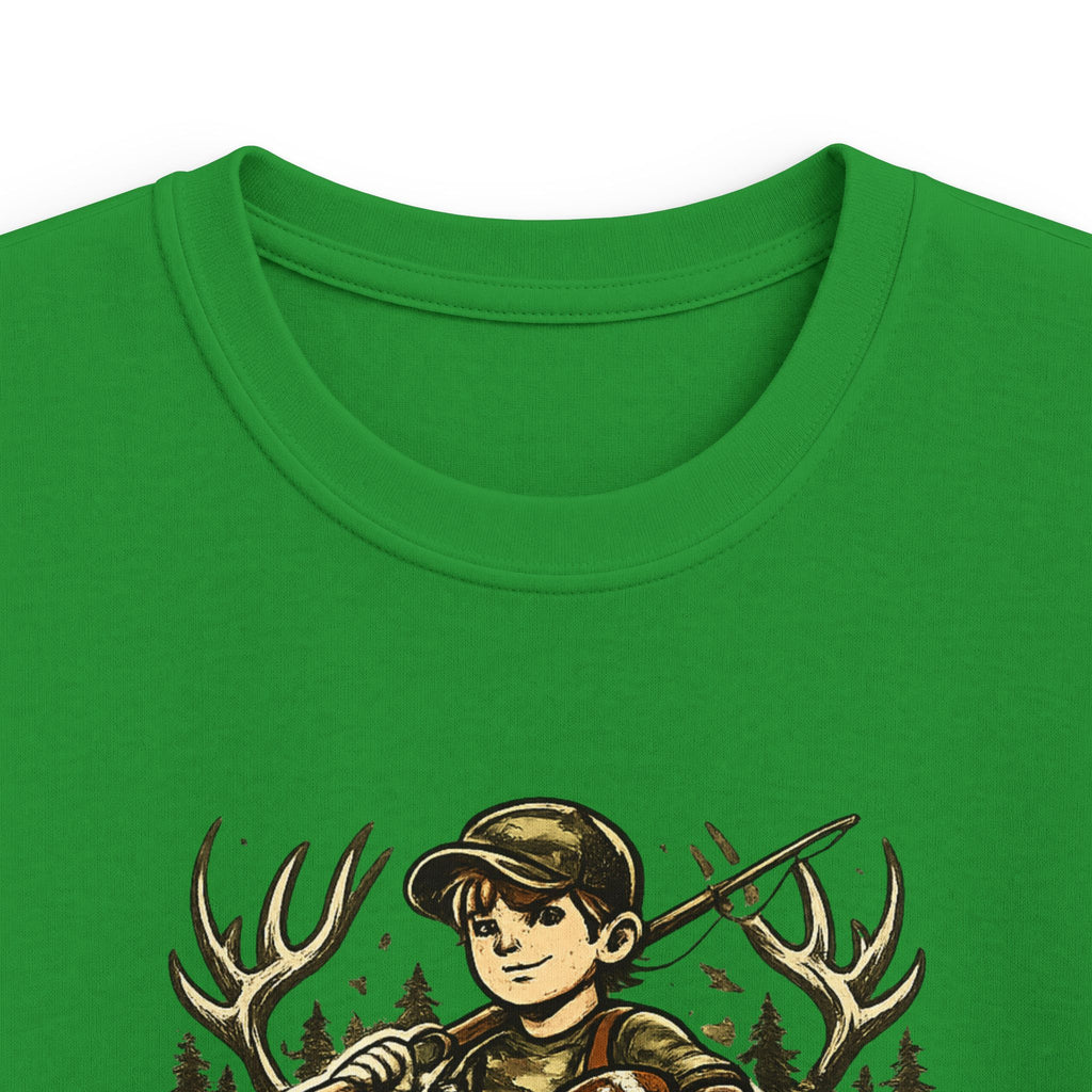 Kids Tee — "Raised Wild, Built Tough" Adventure Hunting Graphic