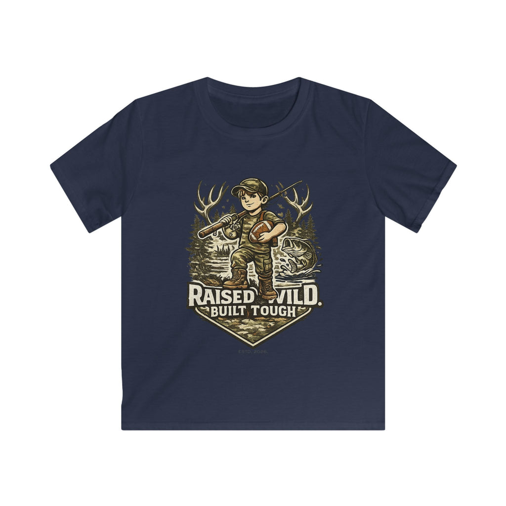 Kids Tee — "Raised Wild, Built Tough" Adventure Hunting Graphic