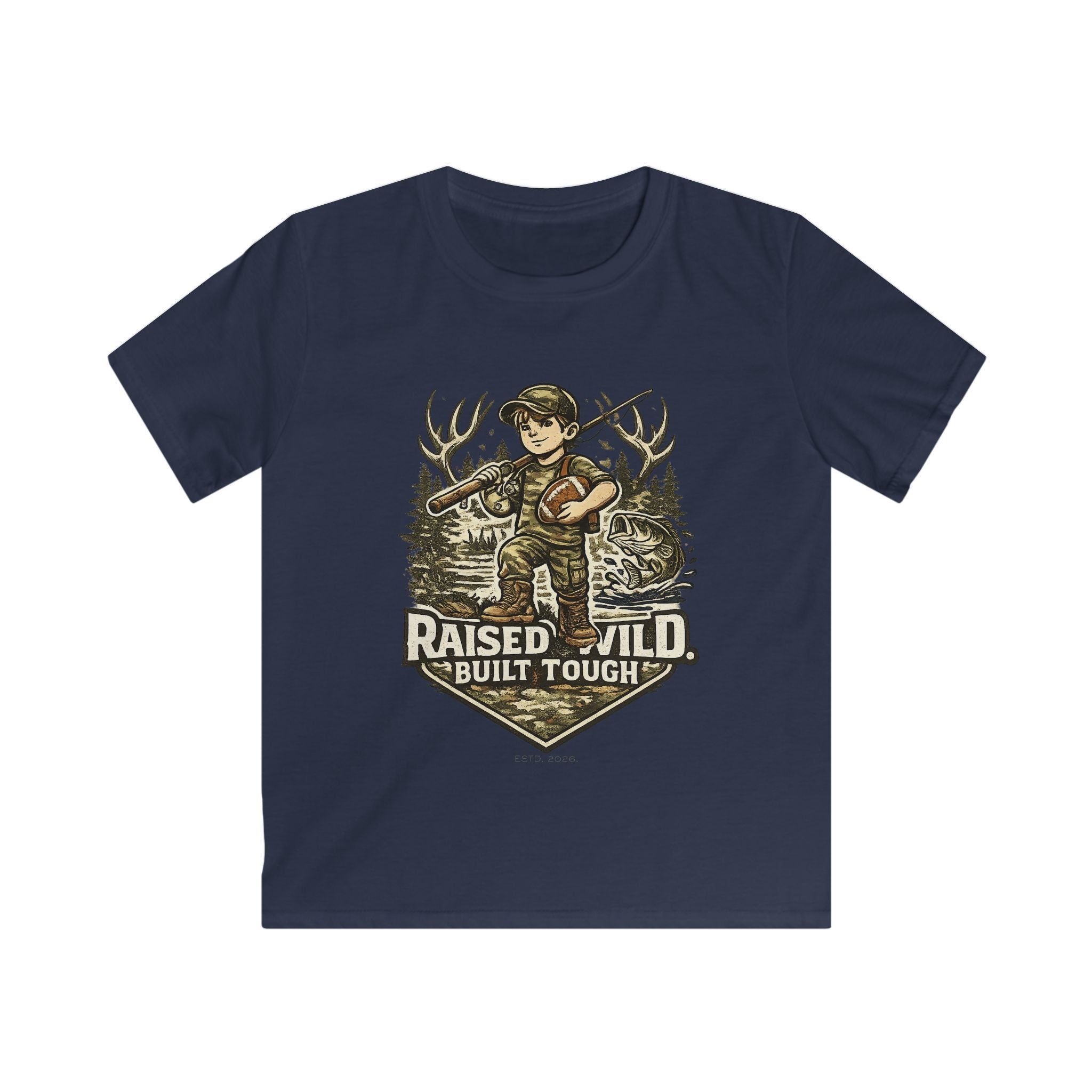 Kids Tee — "Raised Wild, Built Tough" Adventure Hunting Graphic