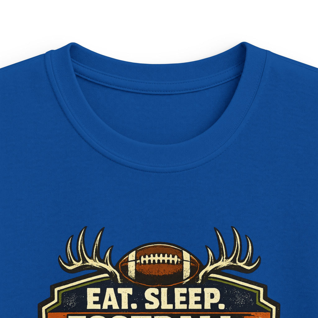 Kids Football & Outdoors Tee — "Eat. Sleep. Football. Hunt. Fish. Repeat."