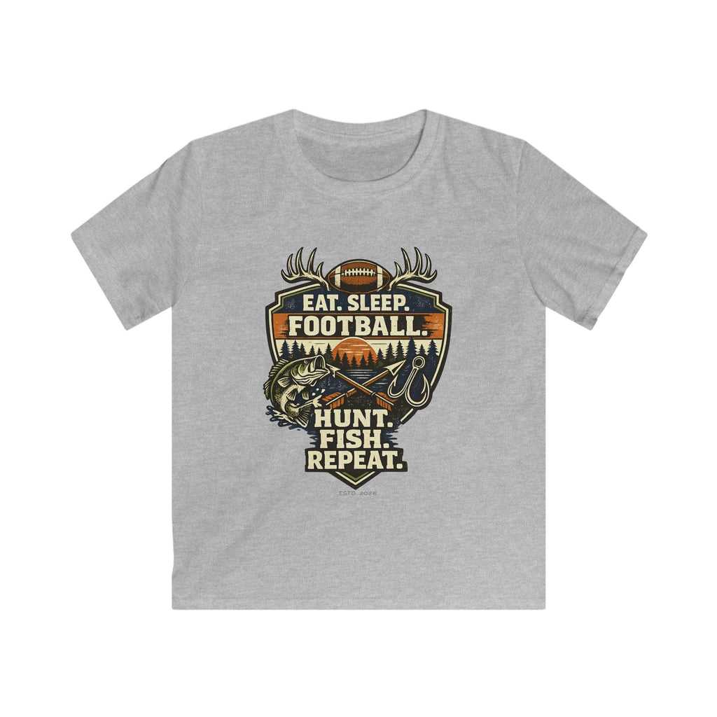 Kids Football & Outdoors Tee — "Eat. Sleep. Football. Hunt. Fish. Repeat."