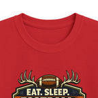 Kids Football & Outdoors Tee — "Eat. Sleep. Football. Hunt. Fish. Repeat."