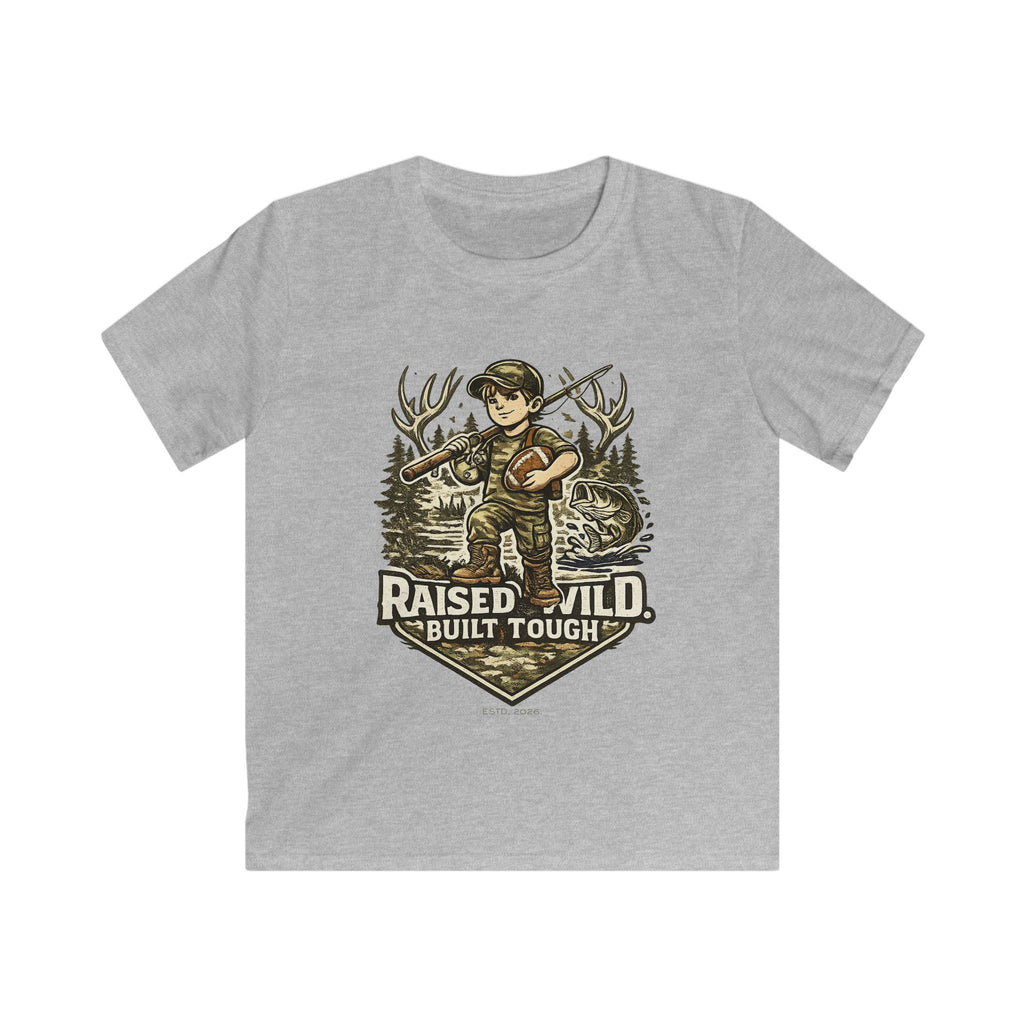 Kids Tee — "Raised Wild, Built Tough" Adventure Hunting Graphic