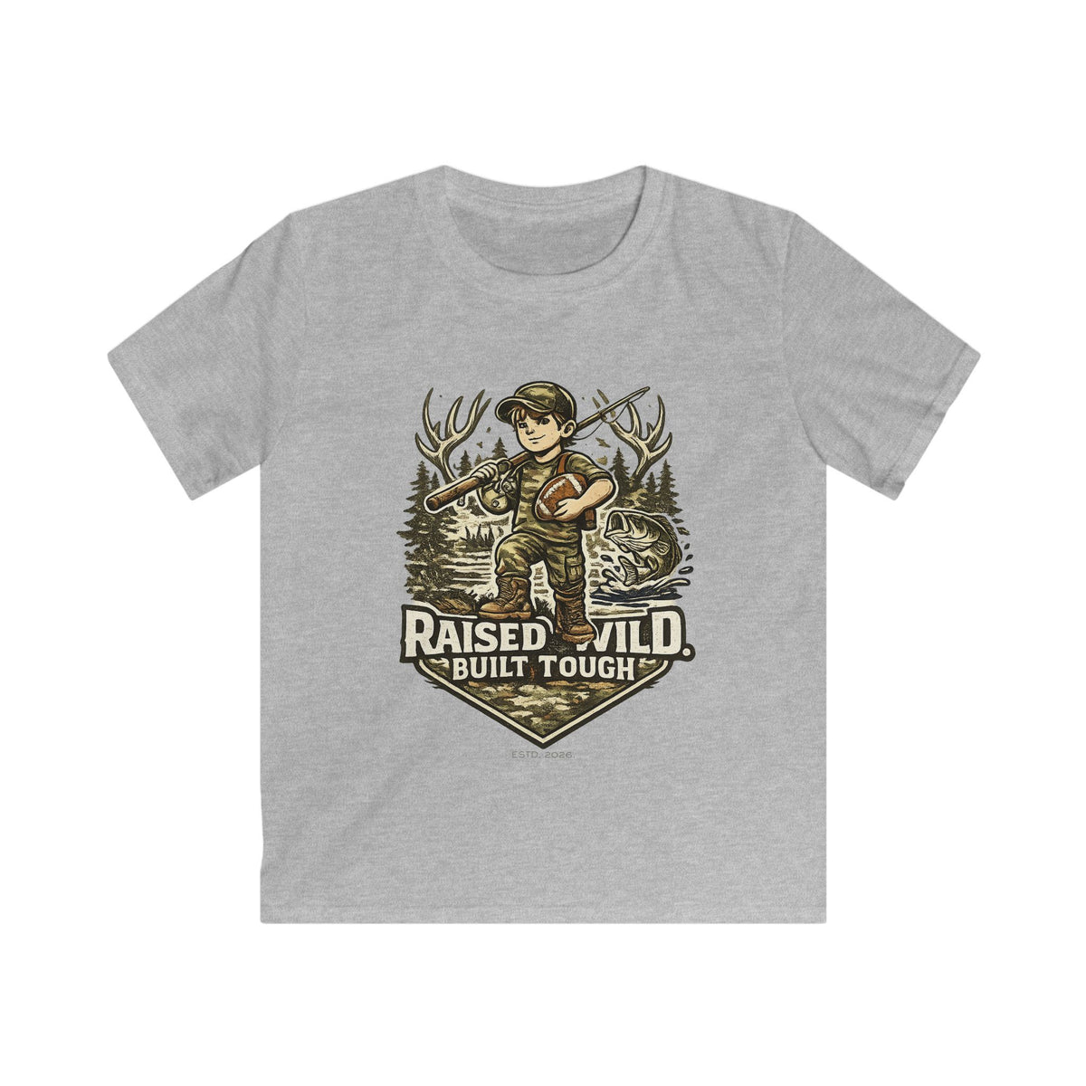 Kids Tee — "Raised Wild, Built Tough" Adventure Hunting Graphic