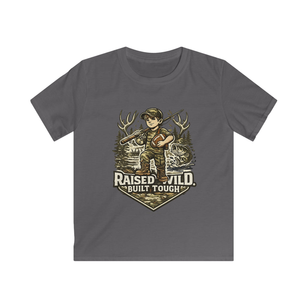 Kids Tee — "Raised Wild, Built Tough" Adventure Hunting Graphic