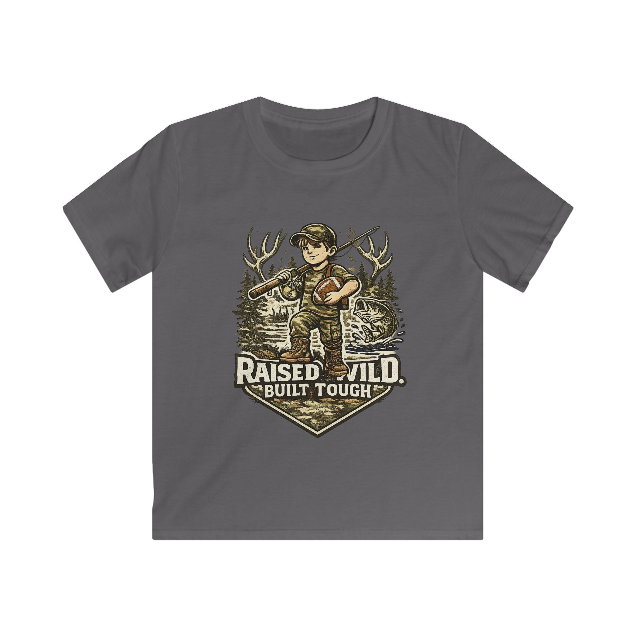 Kids Tee — "Raised Wild, Built Tough" Adventure Hunting Graphic