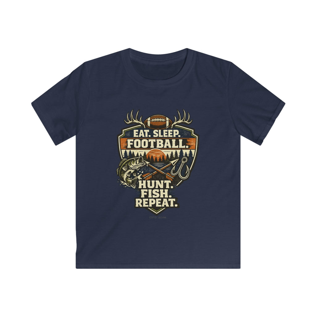 Kids Football & Outdoors Tee — "Eat. Sleep. Football. Hunt. Fish. Repeat."