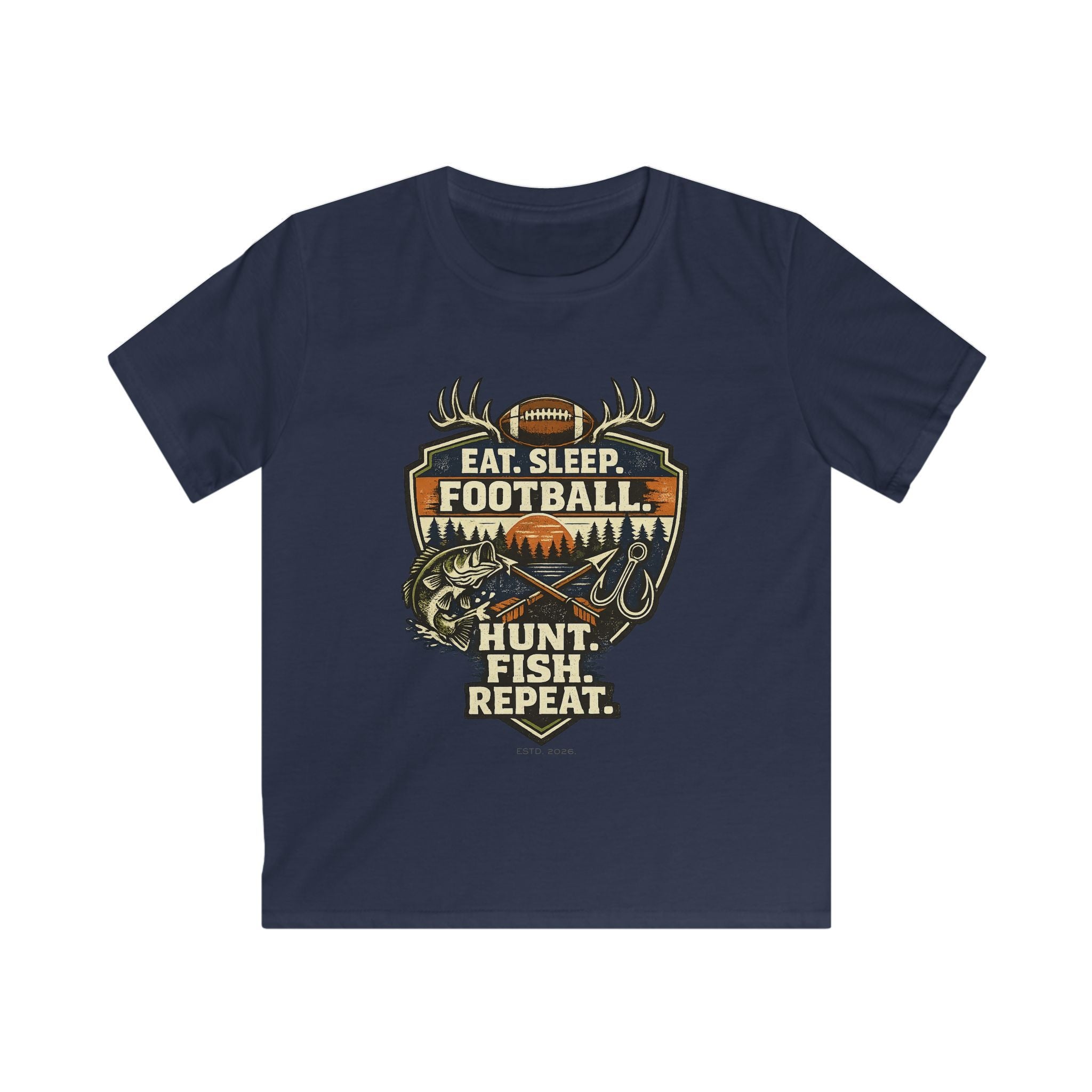 Kids Football & Outdoors Tee — "Eat. Sleep. Football. Hunt. Fish. Repeat."