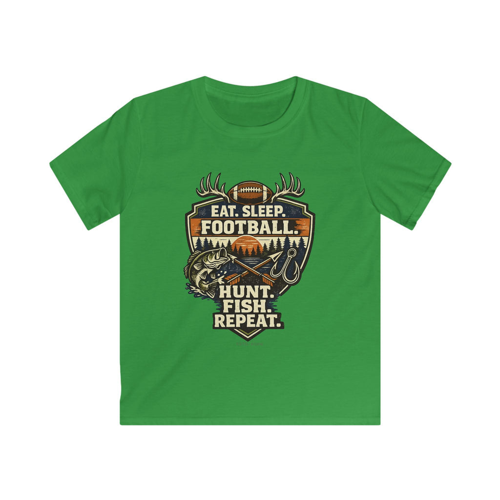 Kids Football & Outdoors Tee — "Eat. Sleep. Football. Hunt. Fish. Repeat."