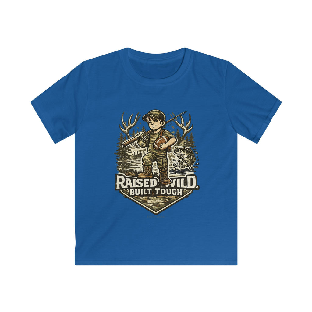 Kids Tee — "Raised Wild, Built Tough" Adventure Hunting Graphic
