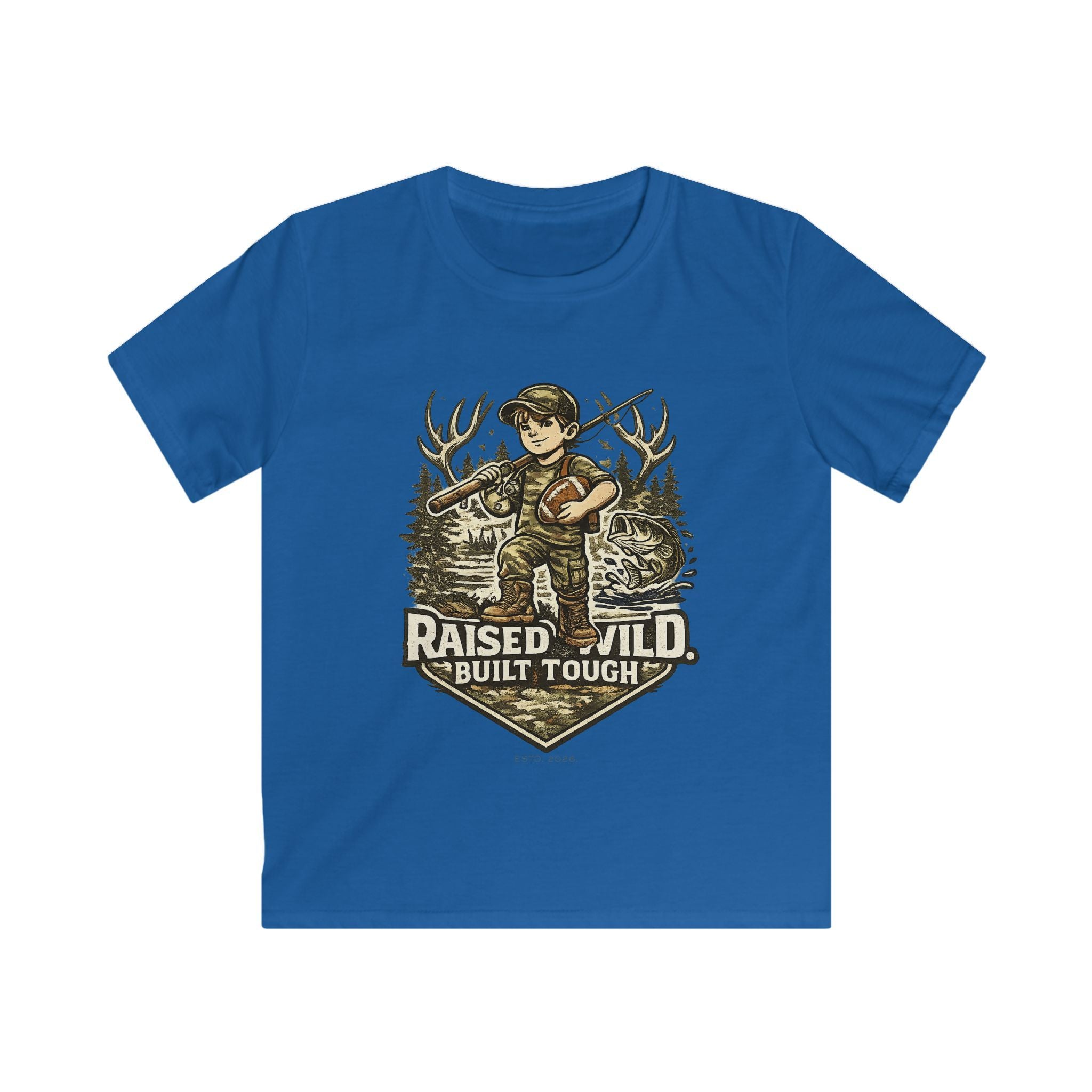 Kids Tee — "Raised Wild, Built Tough" Adventure Hunting Graphic