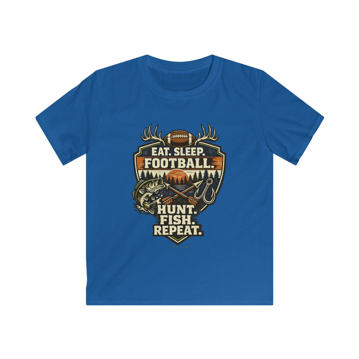 Kids Football & Outdoors Tee — "Eat. Sleep. Football. Hunt. Fish. Repeat."