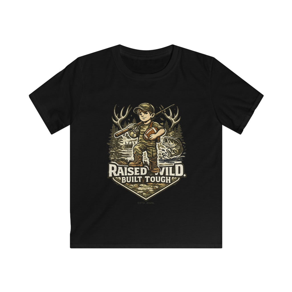 Kids Tee — "Raised Wild, Built Tough" Adventure Hunting Graphic