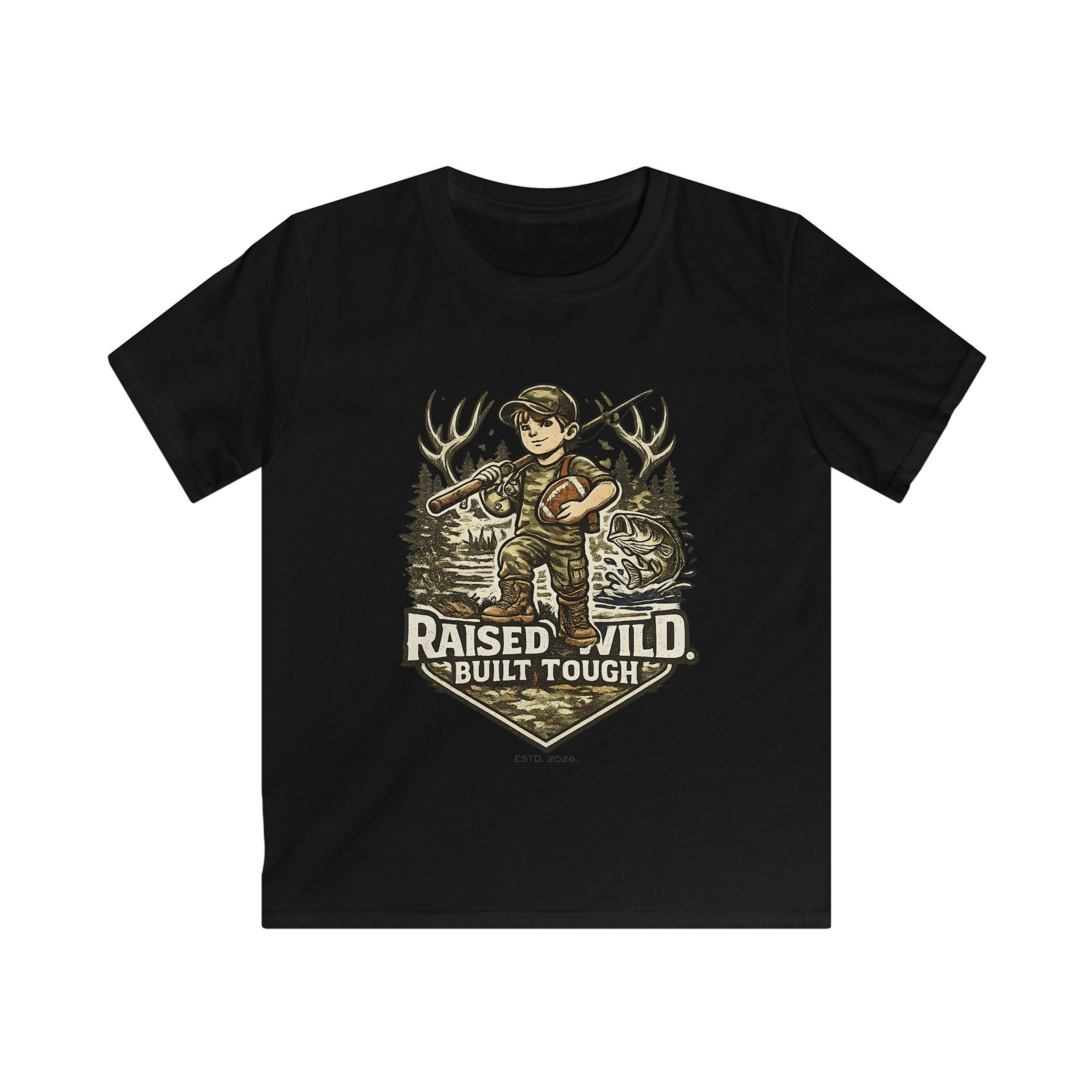 Kids Tee — "Raised Wild, Built Tough" Adventure Hunting Graphic
