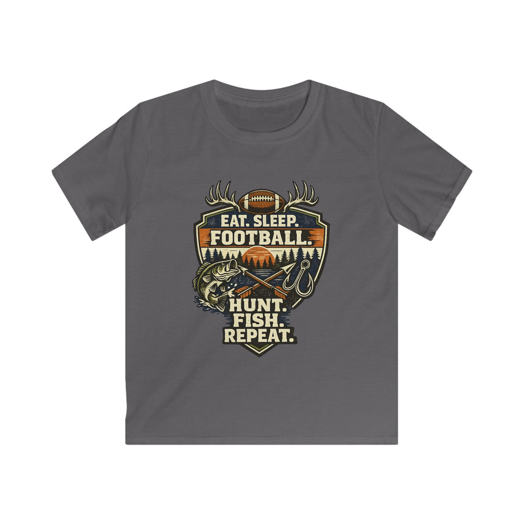 Kids Football & Outdoors Tee — "Eat. Sleep. Football. Hunt. Fish. Repeat."