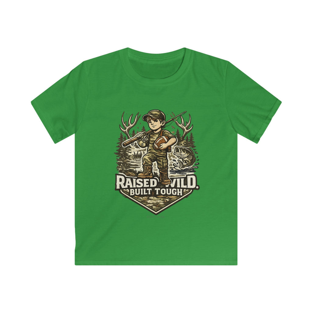 Kids Tee — "Raised Wild, Built Tough" Adventure Hunting Graphic
