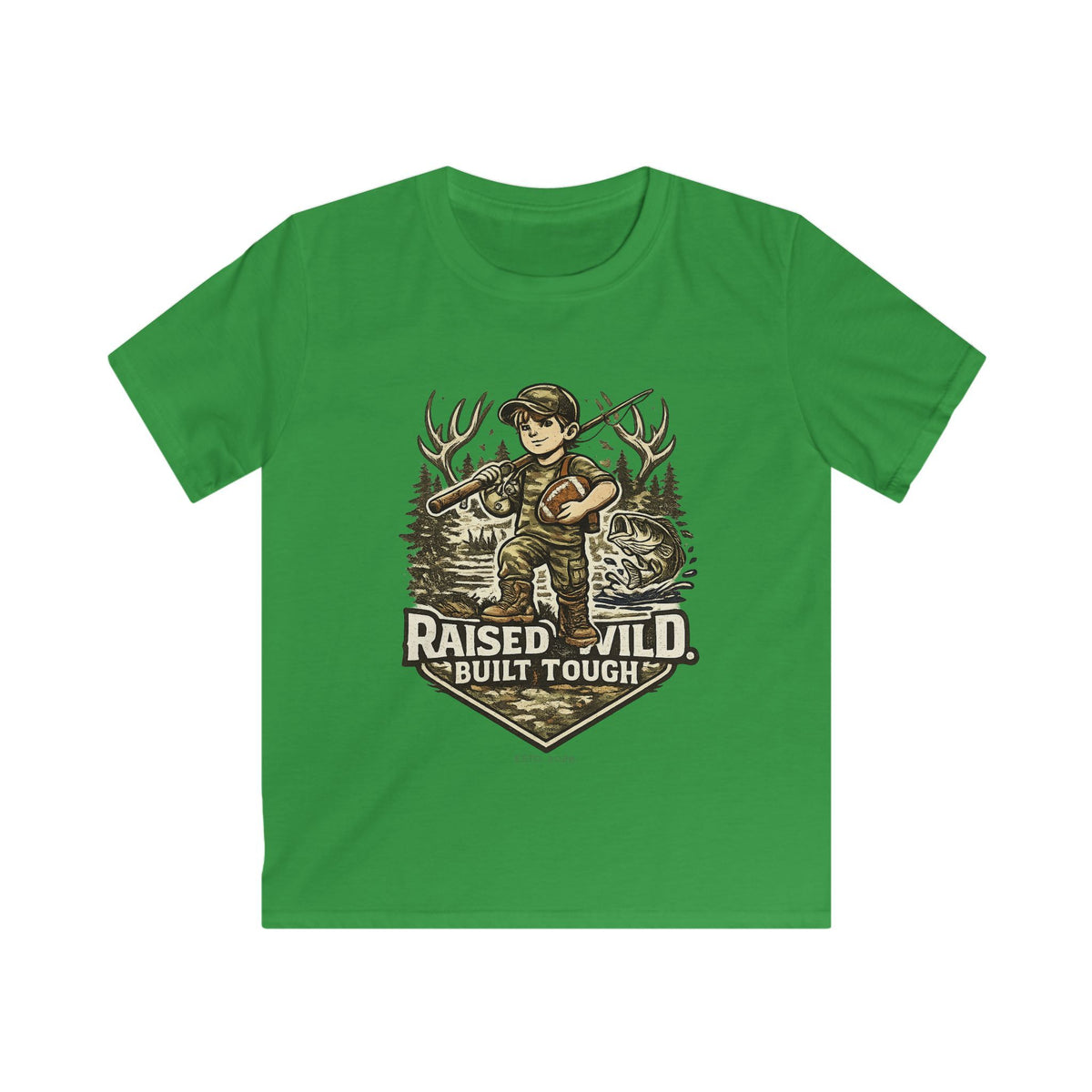 Kids Tee — "Raised Wild, Built Tough" Adventure Hunting Graphic