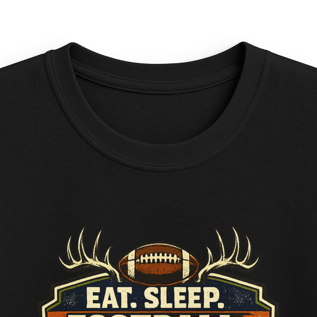 Kids Football & Outdoors Tee — "Eat. Sleep. Football. Hunt. Fish. Repeat."