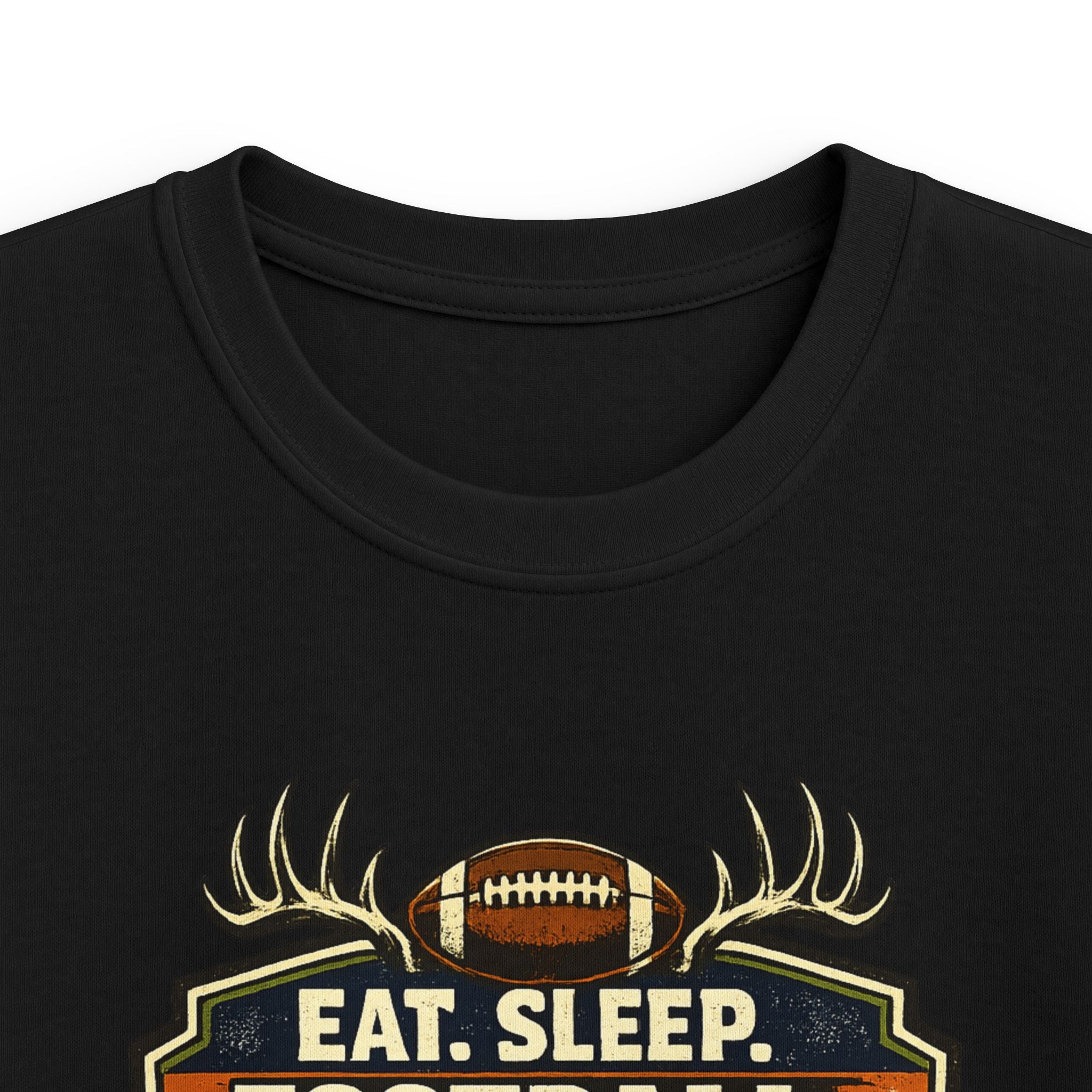 Kids Football & Outdoors Tee — "Eat. Sleep. Football. Hunt. Fish. Repeat."