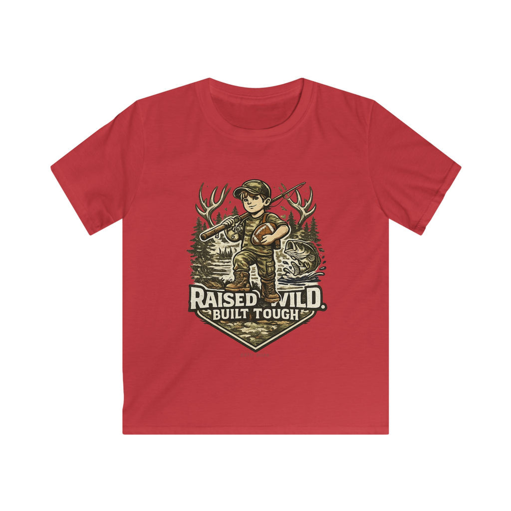 Kids Tee — "Raised Wild, Built Tough" Adventure Hunting Graphic