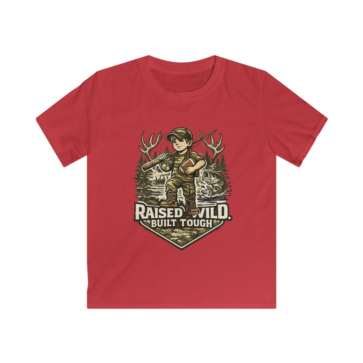 Kids Tee — "Raised Wild, Built Tough" Adventure Hunting Graphic