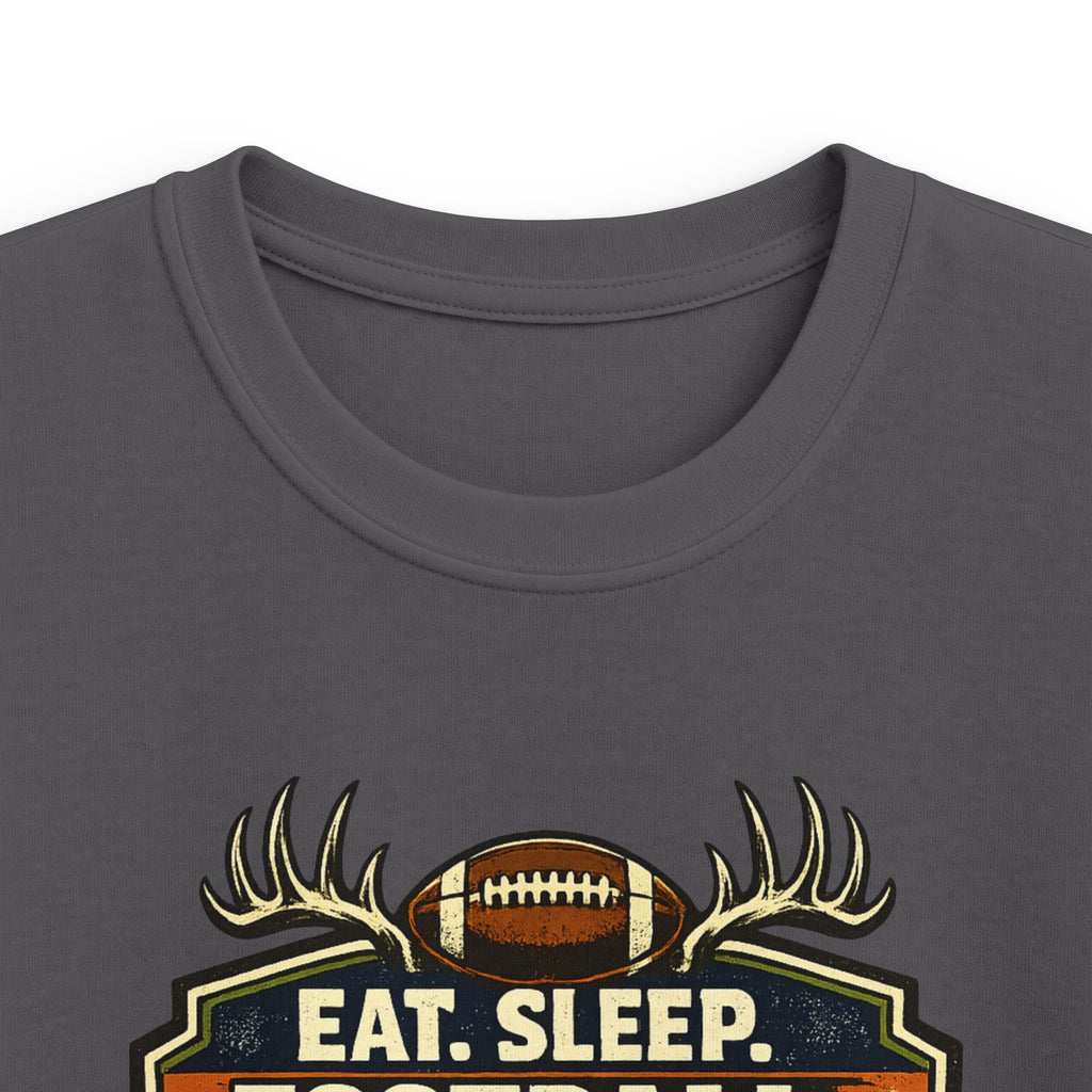 Kids Football & Outdoors Tee — "Eat. Sleep. Football. Hunt. Fish. Repeat."