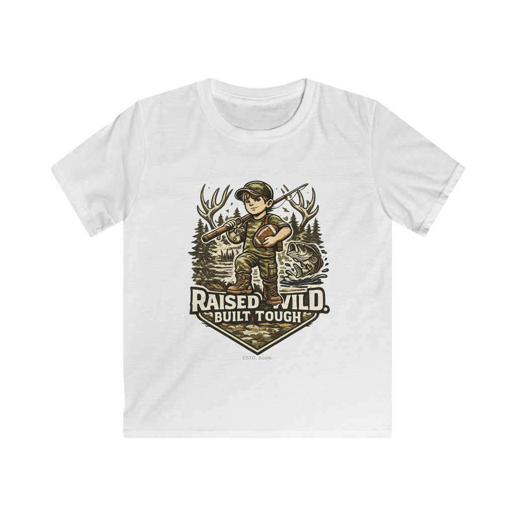 Kids Tee — "Raised Wild, Built Tough" Adventure Hunting Graphic