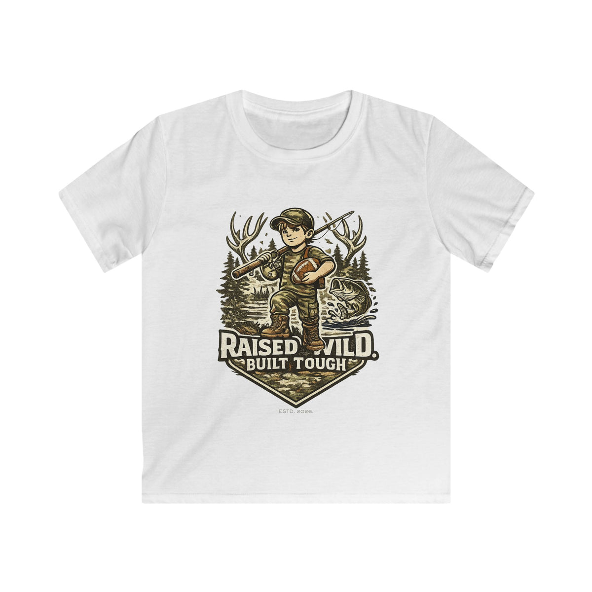Kids Tee — "Raised Wild, Built Tough" Adventure Hunting Graphic