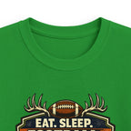 Kids Football & Outdoors Tee — "Eat. Sleep. Football. Hunt. Fish. Repeat."
