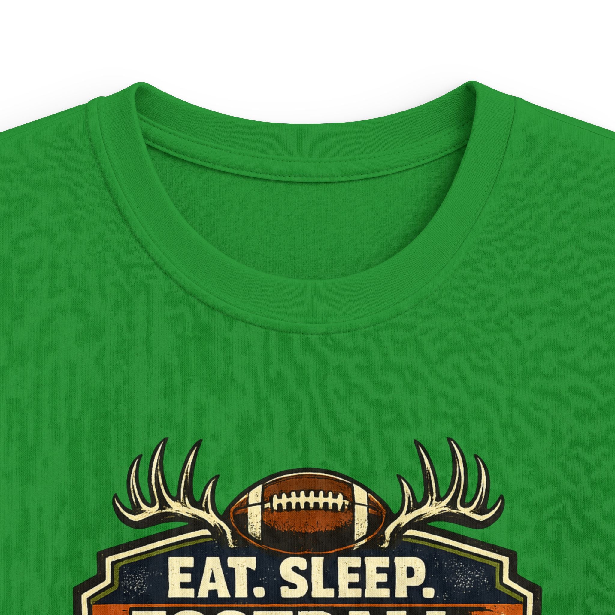 Kids Football & Outdoors Tee — "Eat. Sleep. Football. Hunt. Fish. Repeat."
