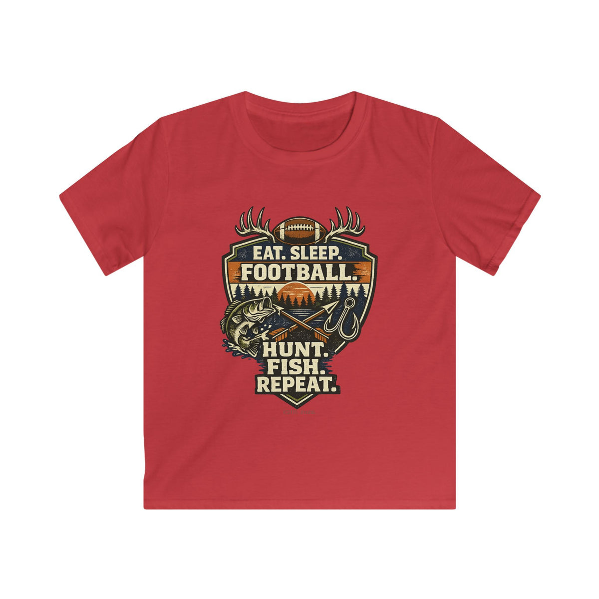 Kids Football & Outdoors Tee — "Eat. Sleep. Football. Hunt. Fish. Repeat."