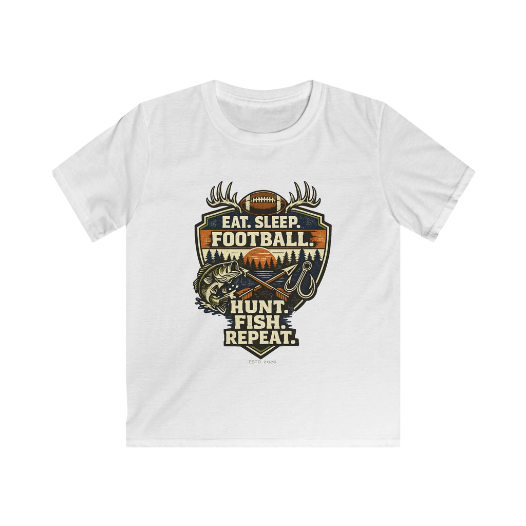 Kids Football & Outdoors Tee — "Eat. Sleep. Football. Hunt. Fish. Repeat."