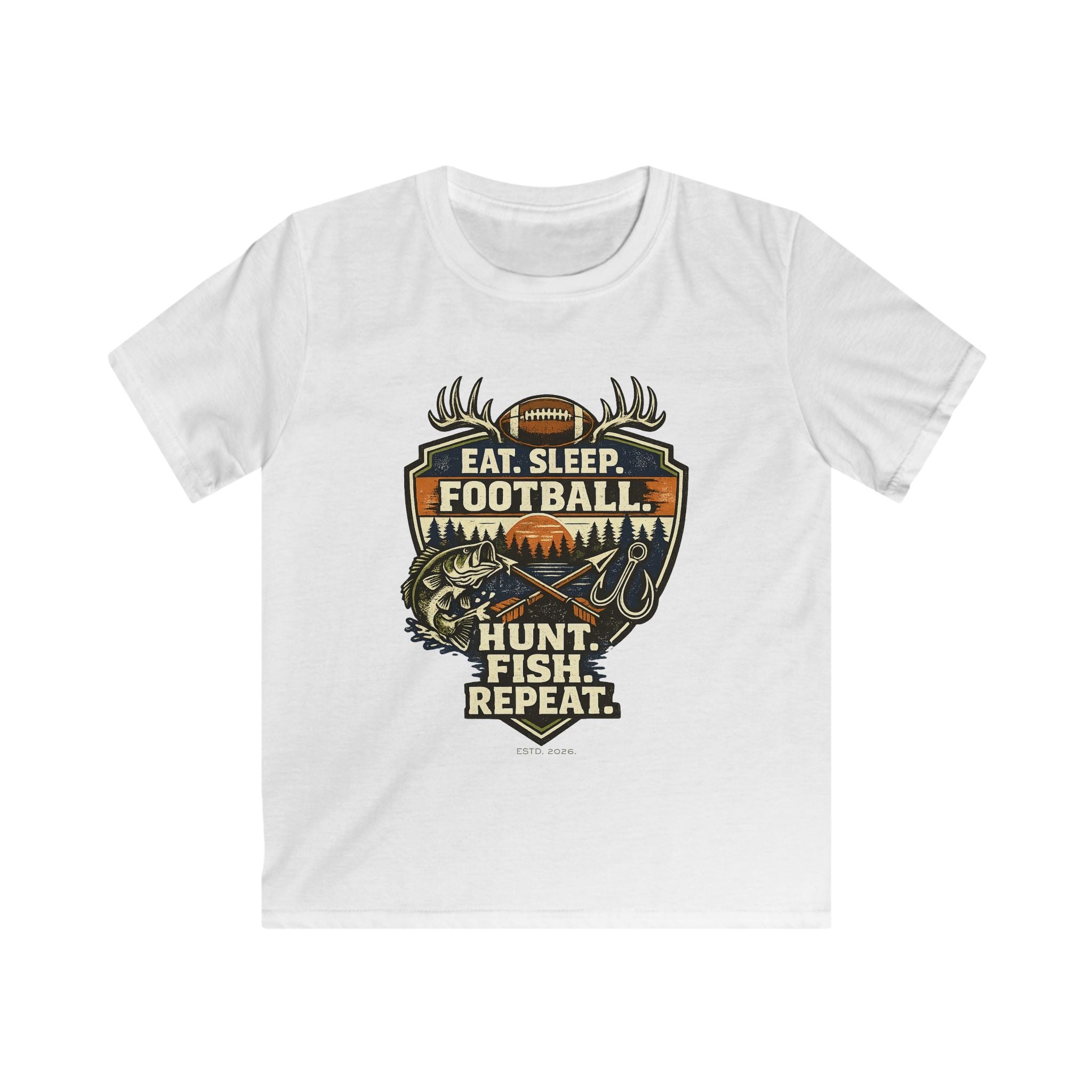 Kids Football & Outdoors Tee — "Eat. Sleep. Football. Hunt. Fish. Repeat."
