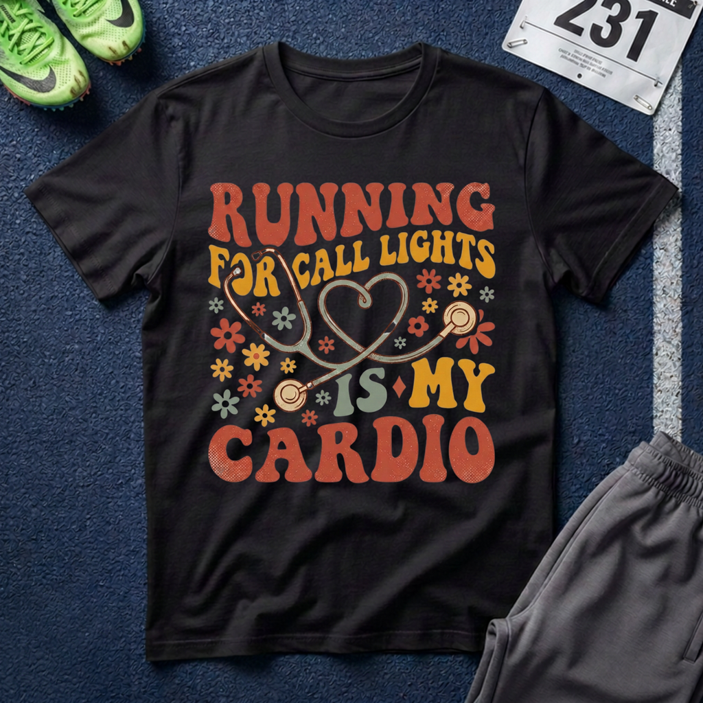 "Running For Call Lights Is My Cardio" T-Shirt - Nurse Stethoscope Retro Tee