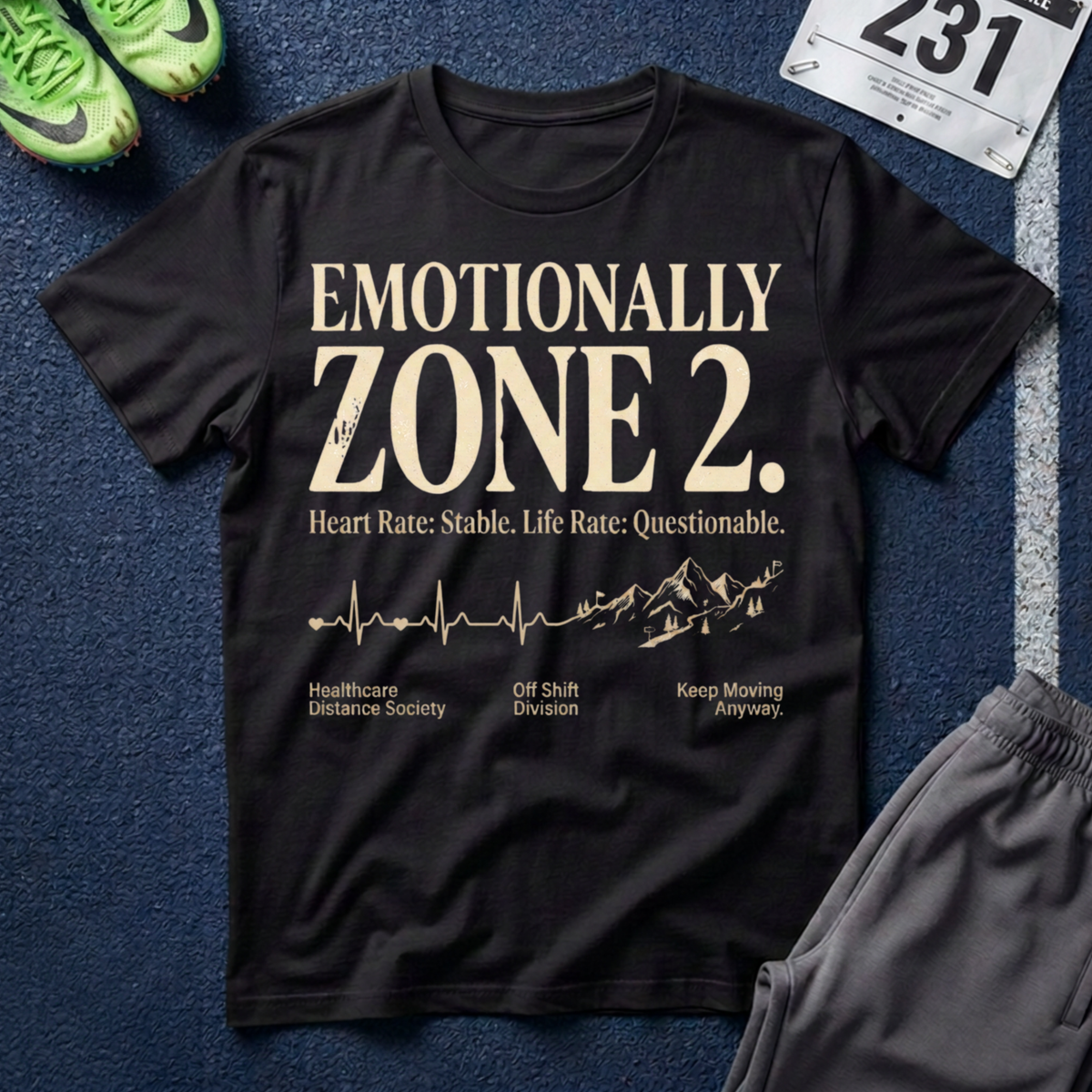 Emotionally Zone 2 T‑Shirt — "Heart Rate: Stable. Life Rate: Questionable."