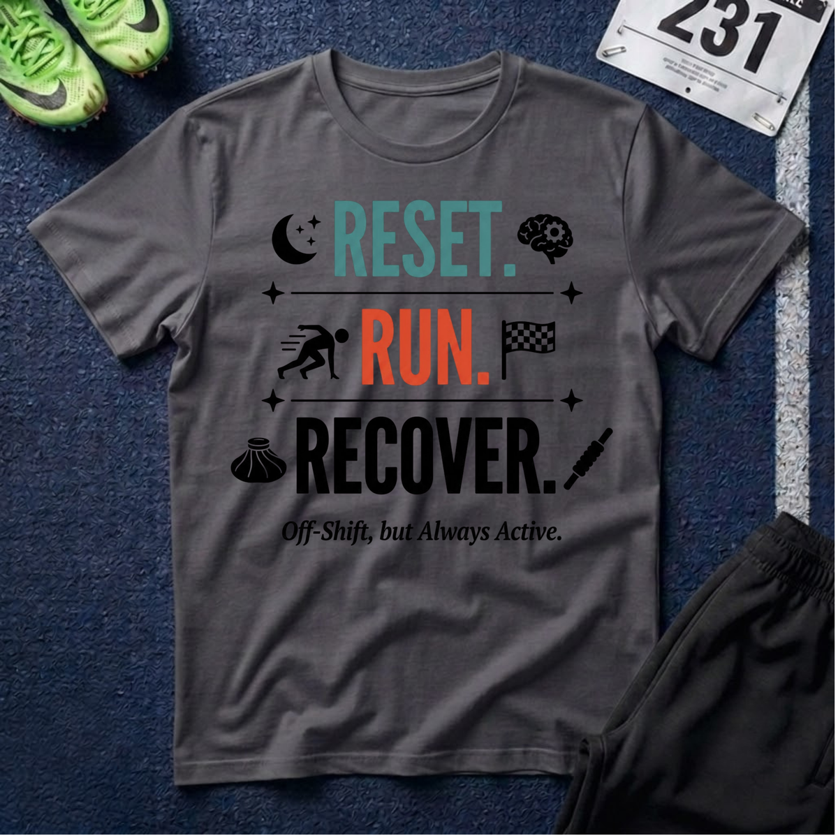 Run Recovery T-Shirt — "Reset. Run. Recover." Motivational Running Tee