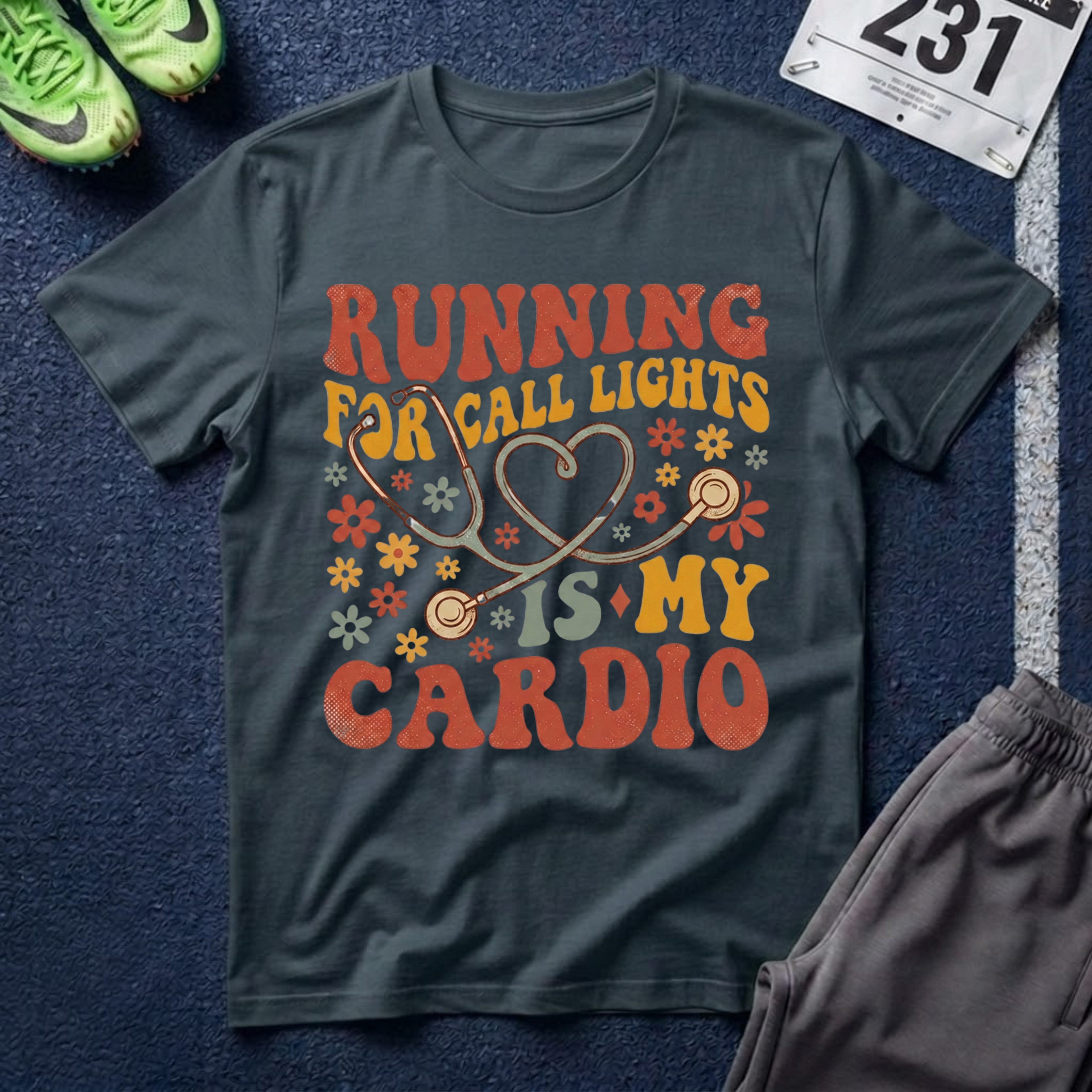 "Running For Call Lights Is My Cardio" T-Shirt - Nurse Stethoscope Retro Tee