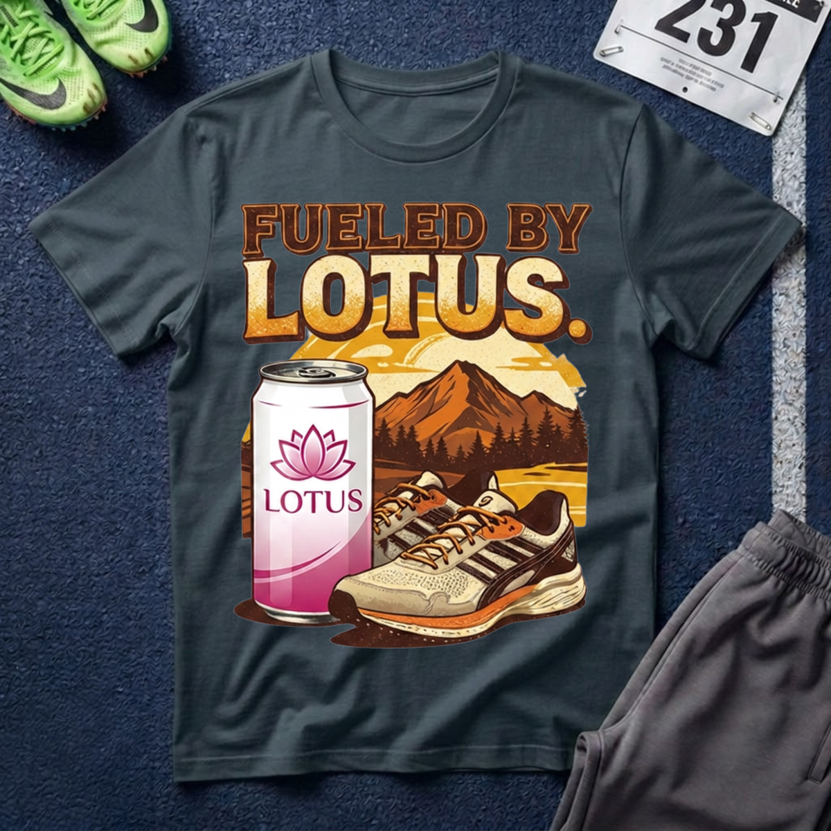 Fueled By Lotus T-Shirt — Retro Mountain Lotus Drink Graphic Tee