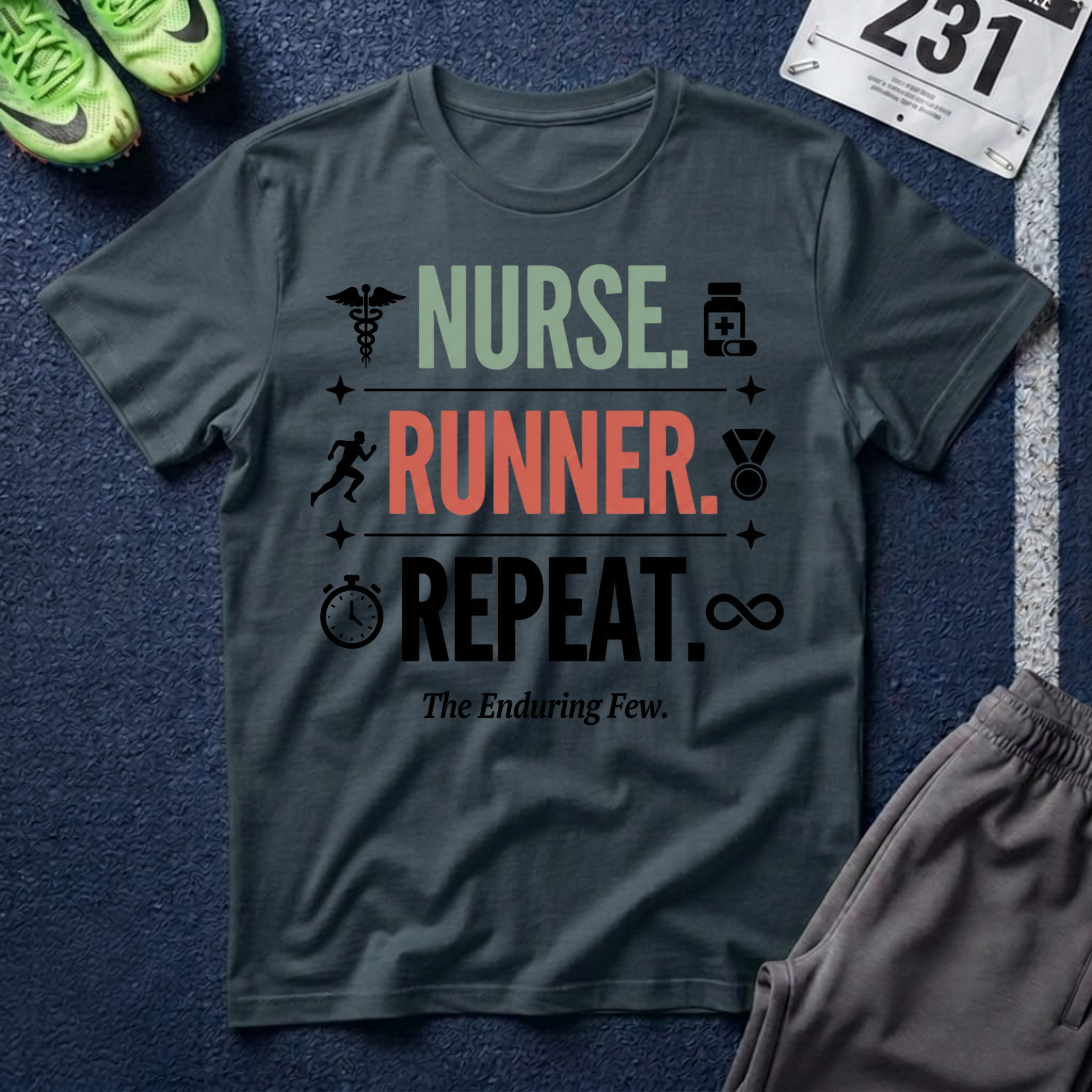 Nurse Runner T-Shirt — 'Nurse. Runner. Repeat.' Graphic Tee for Nurses Who Run