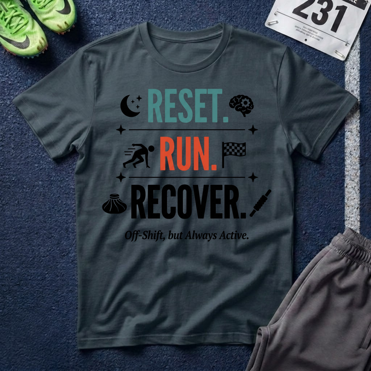 Run Recovery T-Shirt — "Reset. Run. Recover." Motivational Running Tee
