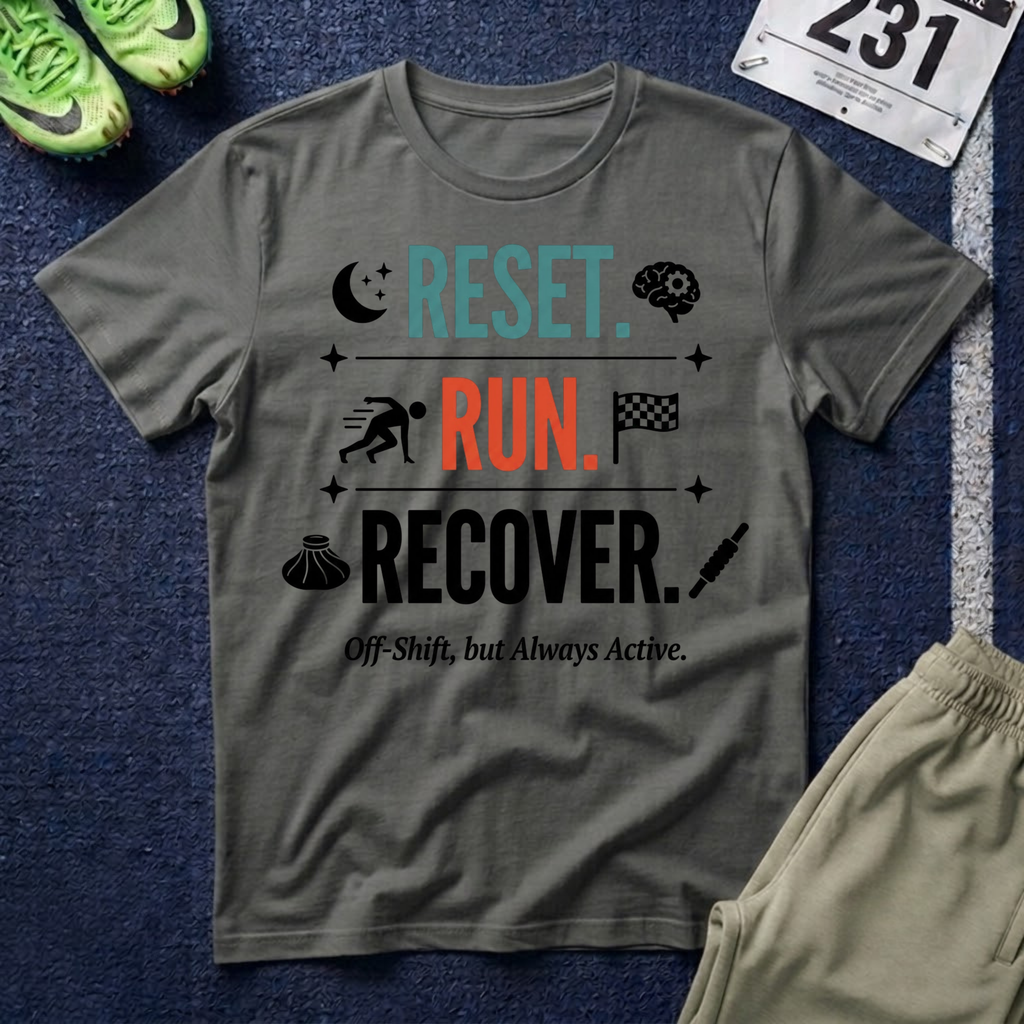 Run Recovery T-Shirt — "Reset. Run. Recover." Motivational Running Tee