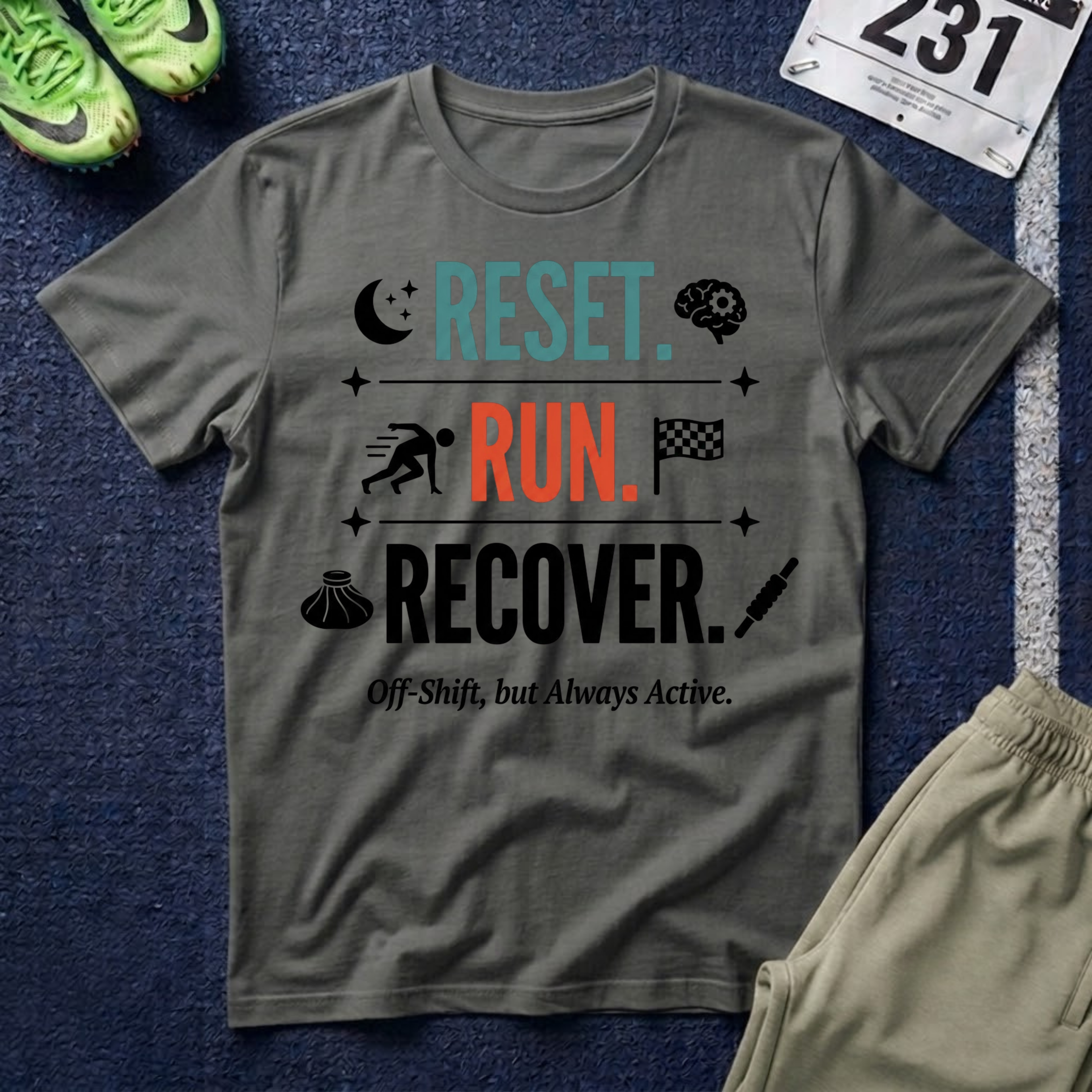 Run Recovery T-Shirt — "Reset. Run. Recover." Motivational Running Tee