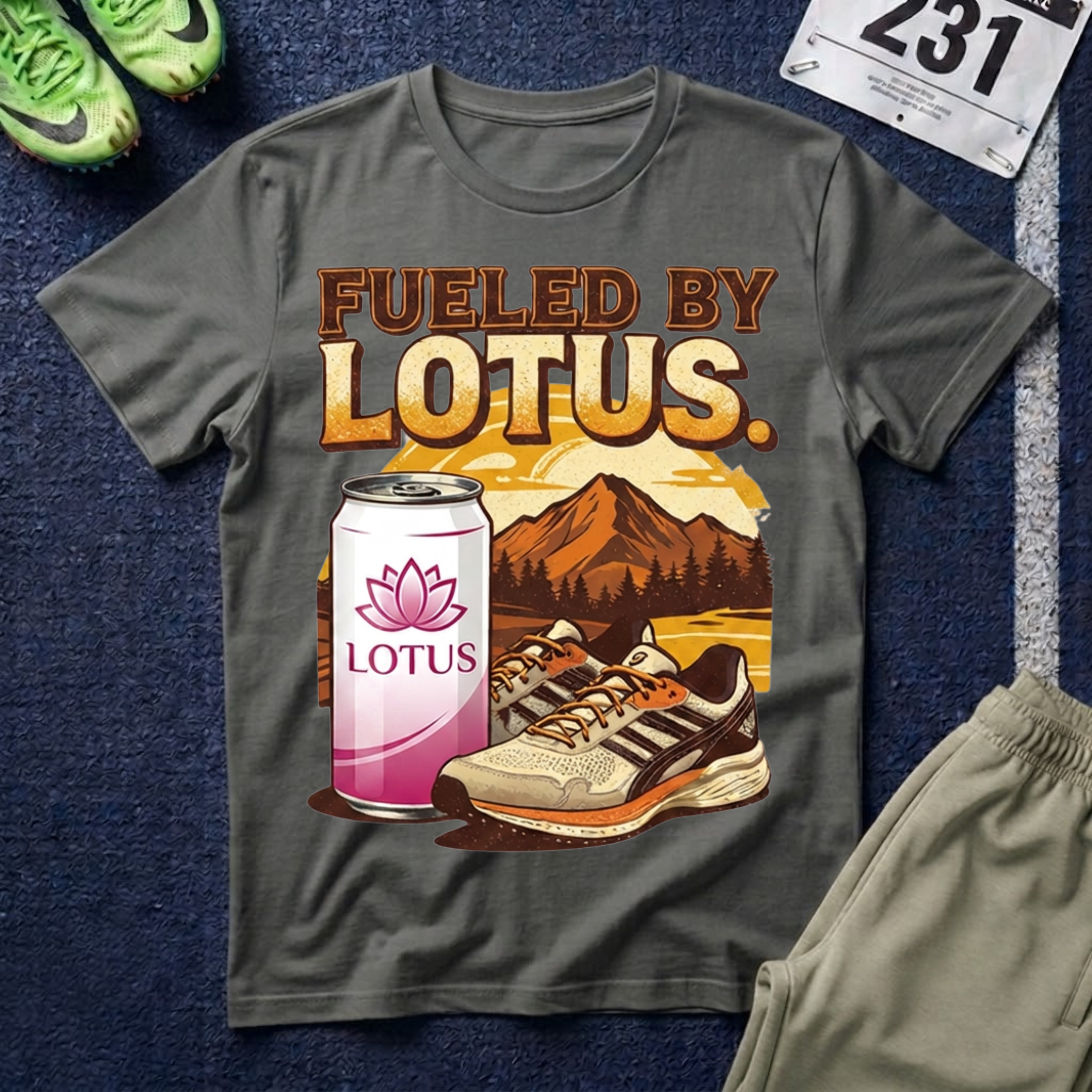 Fueled By Lotus T-Shirt — Retro Mountain Lotus Drink Graphic Tee
