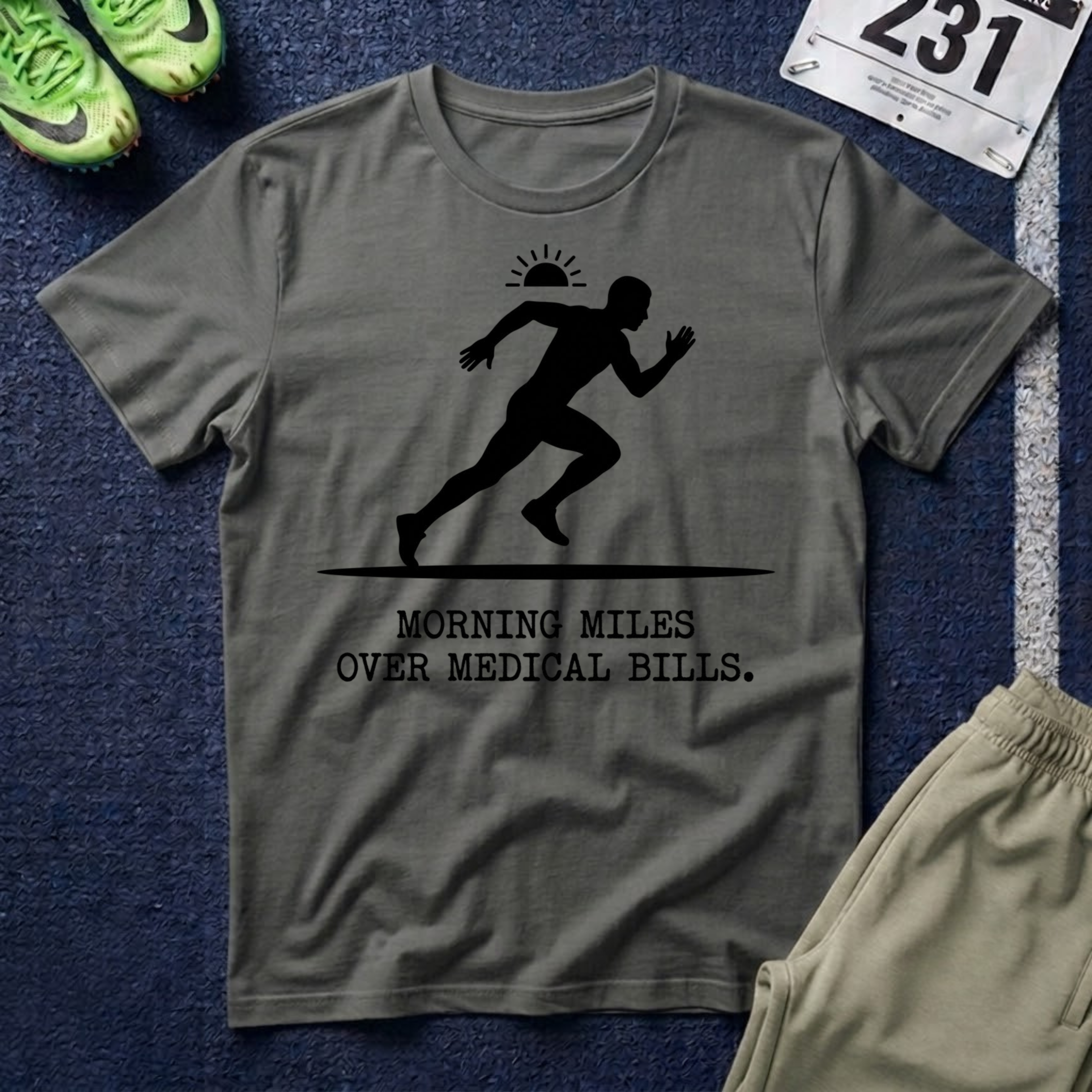 Running Silhouette T-Shirt — “Morning Miles Over Medical Bills”