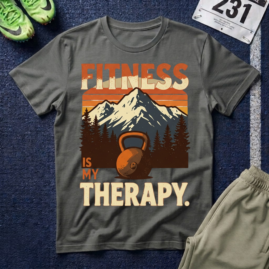 Fitness Is My Therapy T-Shirt — Vintage Mountain Kettlebell Workout Tee