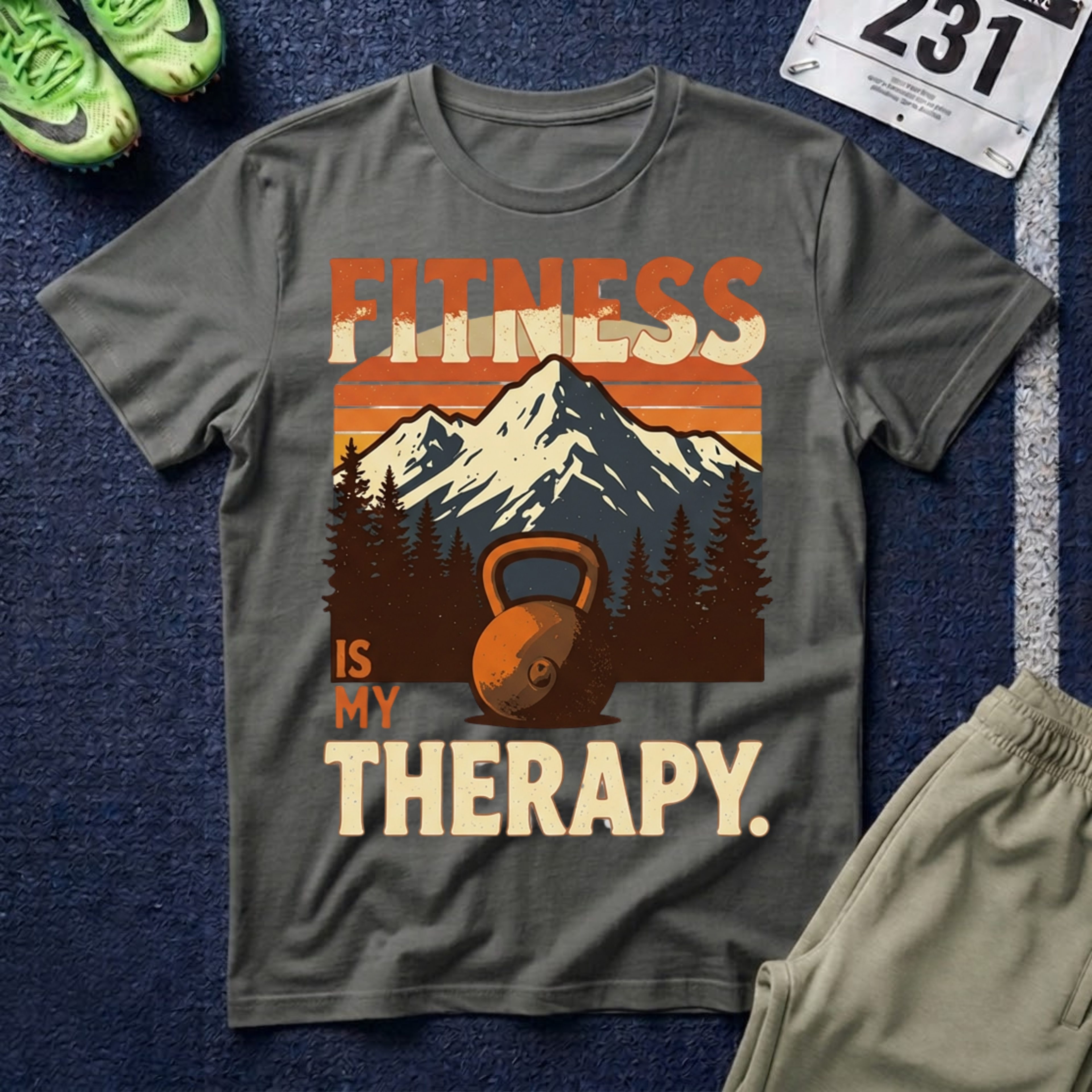 Fitness Is My Therapy T-Shirt — Vintage Mountain Kettlebell Workout Tee