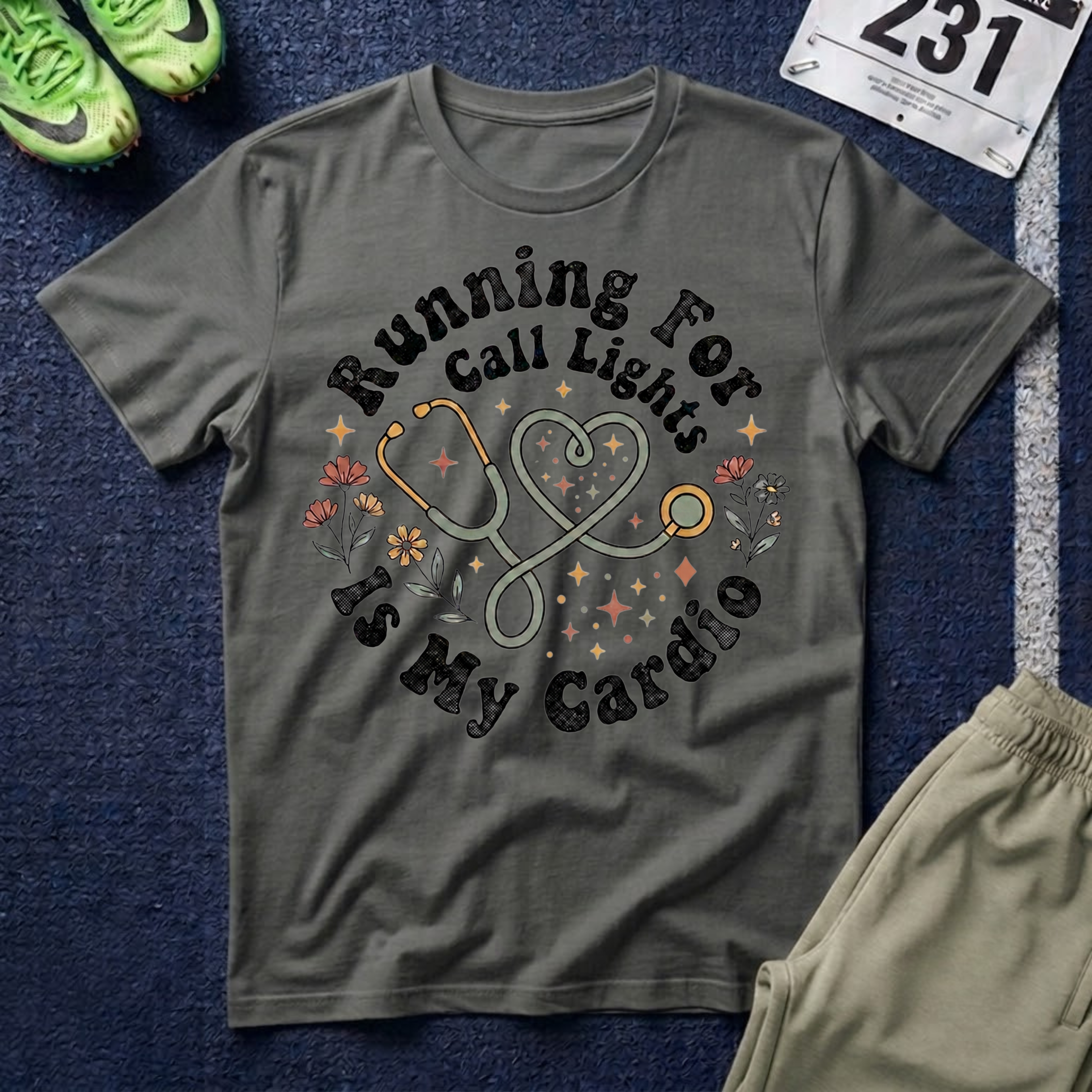 "Running For Call Lights Is My Cardio" T-Shirt - Nurse Stethoscope Tee